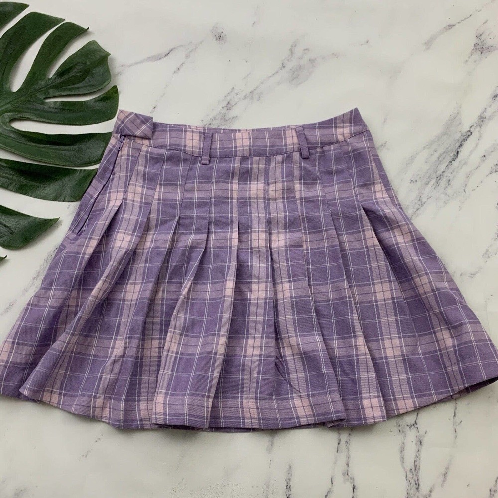 Hot Topic Plaid Mini Skirt Size S Purple Pink Pleated Retro Clueless Short - Picture 6 of 9